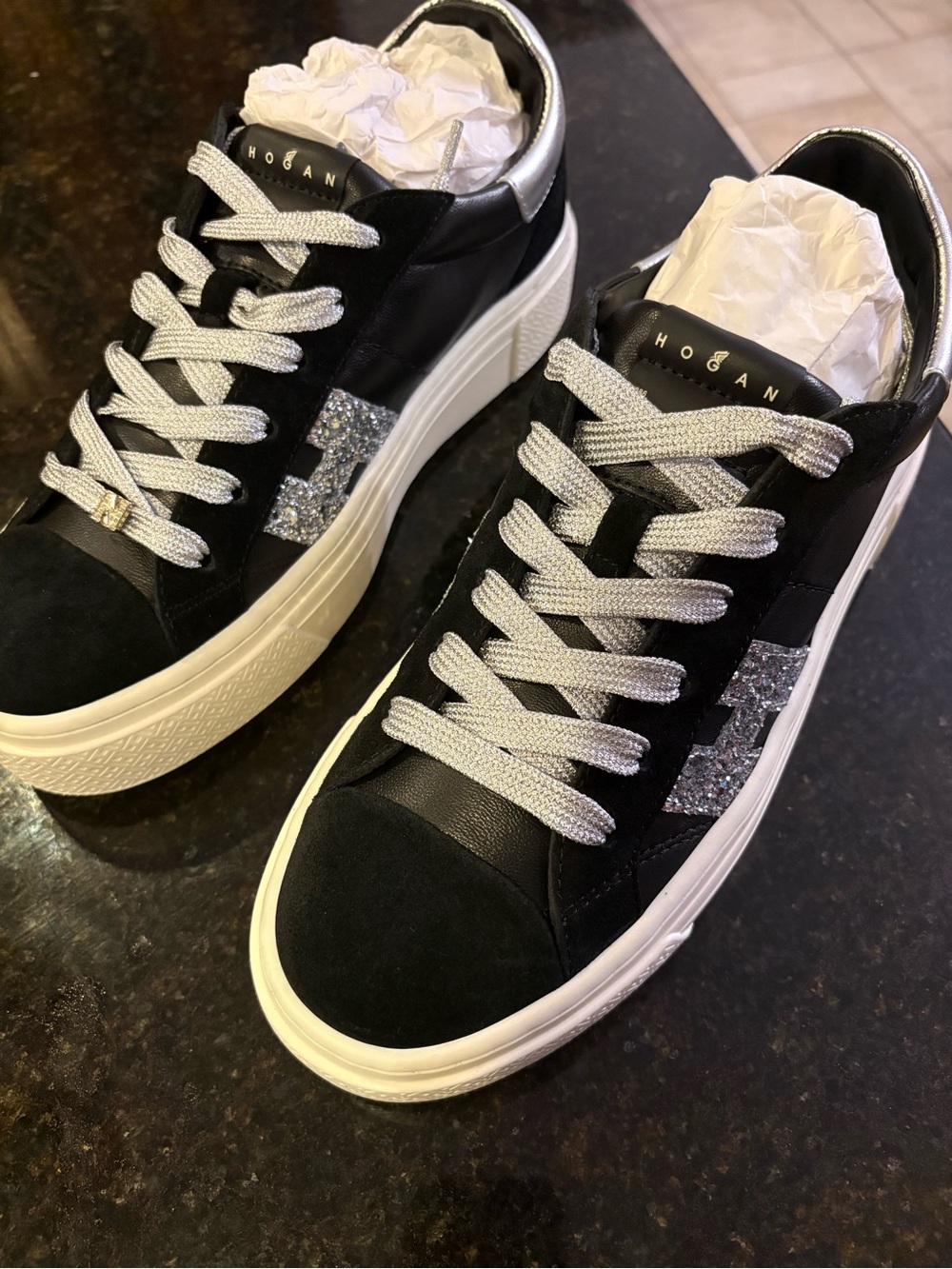Hogan Black Platform Sneakers with Silver Glitter Star